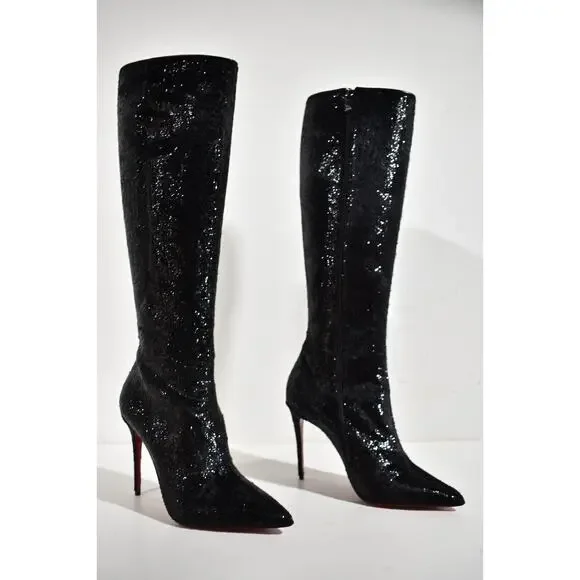 Christian Louboutin Kate Botta 100 Black Velours Papillon Knee Heel Boot 37.5 - Picture 4 of 12